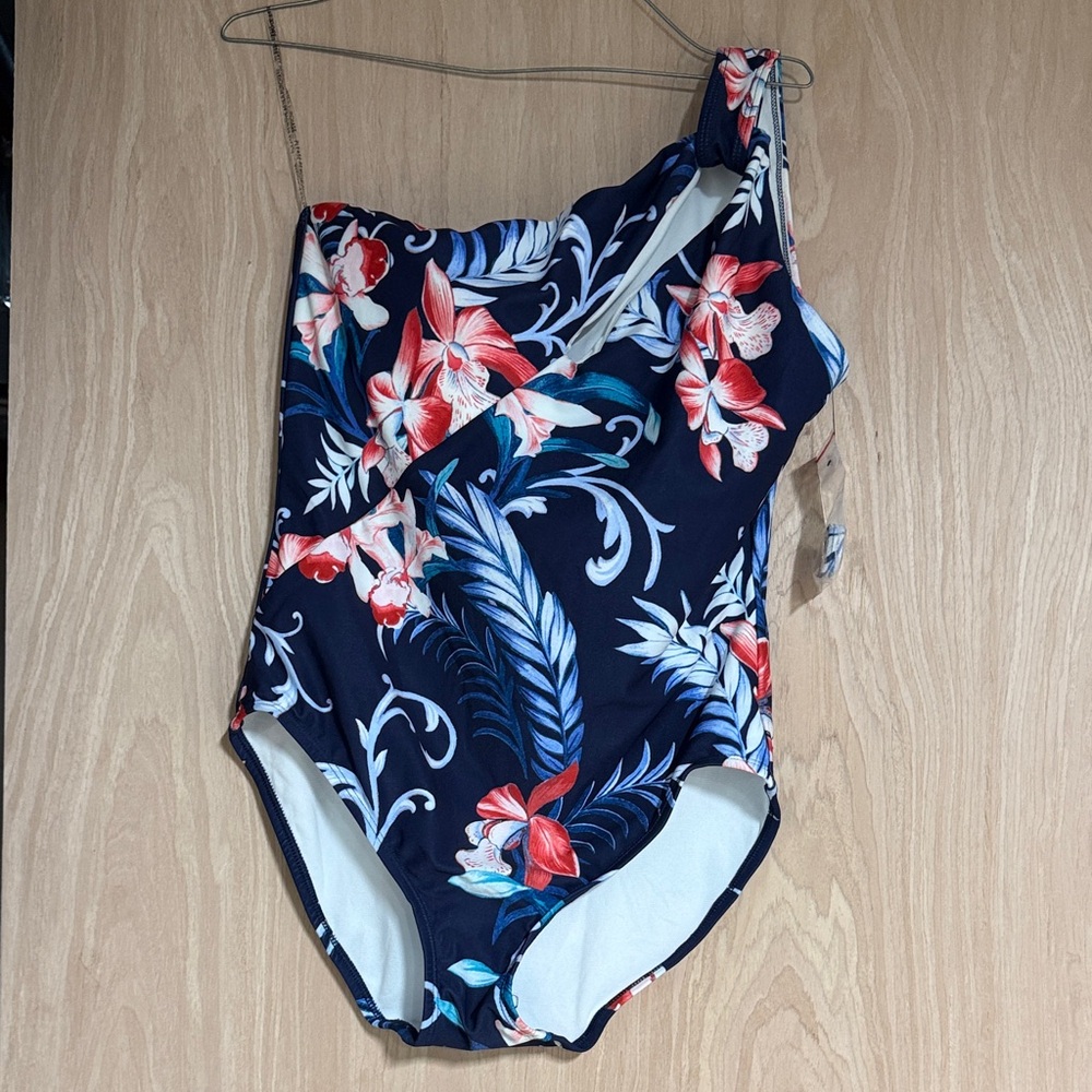 Carmen Marc Valvo Navy One-Shoulder Tropical Floral One-Piece